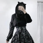 Dolpind Womens Cat Ear Hoodie Sweatshirt Long Sleeve Sweater Off Shoulder Cat Cute Crop Top Hoodies Pullover