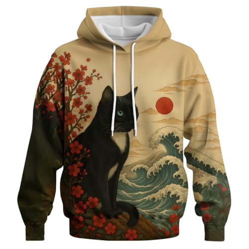LAOLIUSN Novelty Long Sleeve Hoodie Funny Fashion Cat Print Sweatshirts