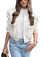 Megfie Womens Cropped Bomber Jacket Button Down Varsity Jackets Shackets