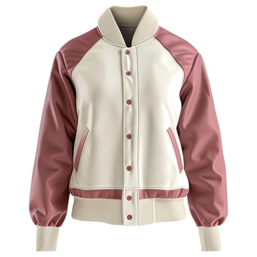 Women's Genuine Sheepskin Leather Jacket Cream Pink Color Block Baseball Bomber Coat Snap Buttons