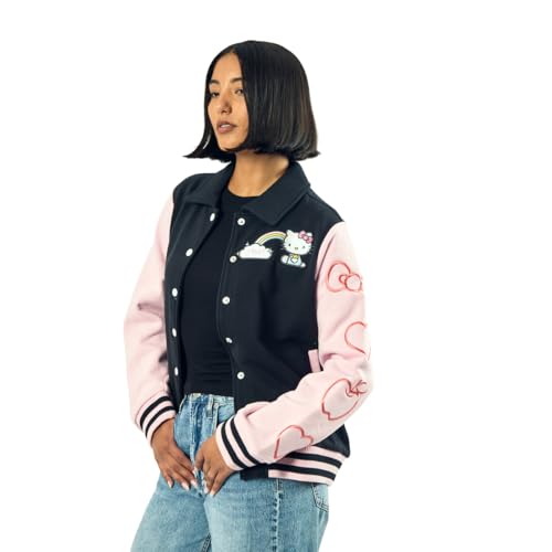 Bioworld Sanrio Hello Kitty Varsity Jacket Women's Embroidered Rainbow Patch Button Up