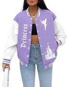LUKYCILD Women Varsity Jacket Magic Kingdom Shirts Castle Graphic Tops Button Down Jacket Casual Holiday Coats
