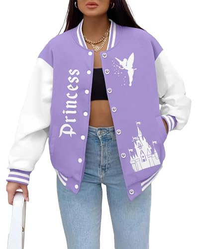 LUKYCILD Women Varsity Jacket Magic Kingdom Shirts Castle Graphic Tops Button Down Jacket Casual Holiday Coats
