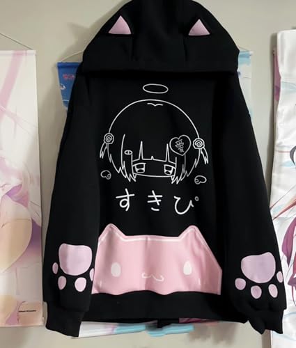 Women's Cute Anime Hoodies Kitten Ears Long Sleeve Hooded Sweatshirts Casual Oversized Y2k Fleece Pullover Tops