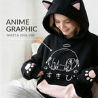 Women's Kawaii Cat Ear Hoodie Y2K Anime Paw Print Oversized Sweatshirt