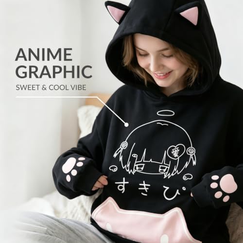 Women's Kawaii Cat Ear Hoodie Y2K Anime Paw Print Oversized Sweatshirt
