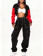 Xaspee Womens Cropped Varsity Jacket Color Block Baseball Jacket
