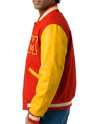 Red Wool Yellow Faux Leather Varsity Letterman Bomber Jacket
