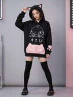 Women's Kawaii Cat Ear Hoodie Y2K Anime Paw Print Oversized Sweatshirt