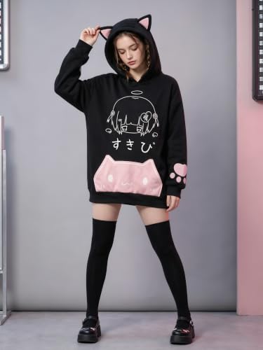 Women's Kawaii Cat Ear Hoodie Y2K Anime Paw Print Oversized Sweatshirt