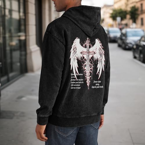 Vintage Streetwear Goth Hoodies for Men Grunge Punk Sweatshirt Gothic Cross Graphic Acid Wash Pullover Hoodie