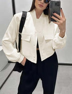 Megfie Womens Cropped Bomber Jacket Button Down Varsity Jackets Shackets