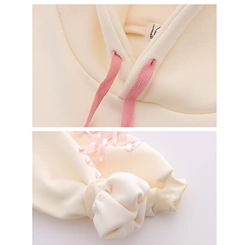 Kawaii Bunny Hoodie Teens Lolita Hooded Sweatshirt Casual Cute Lace Up Sleeve Cartoon Print Pullover Top (Beige)