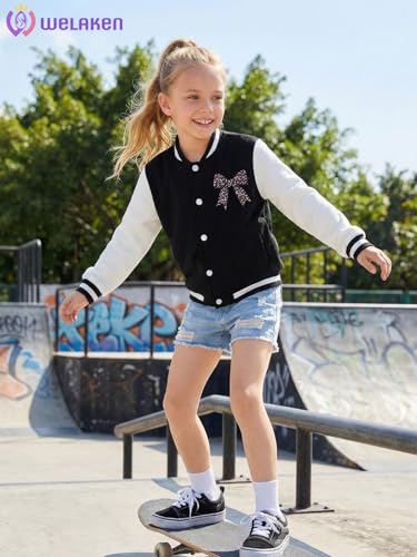 WELAKEN Girls Snap Button Colorblock Bomber Jacket Casual Outerwear