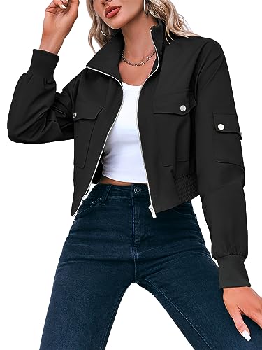 Fisoew Women's Cropped Bomber Jackets Lightweight Zip Up Short Coats
