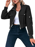 Fisoew Women's Cropped Bomber Jackets Lightweight Zip Up Short Coats