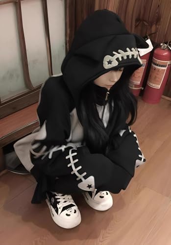 Cat Ear Zip Up Hoodie with Detachable Hood Harajuku Kawaii Fishbone Print