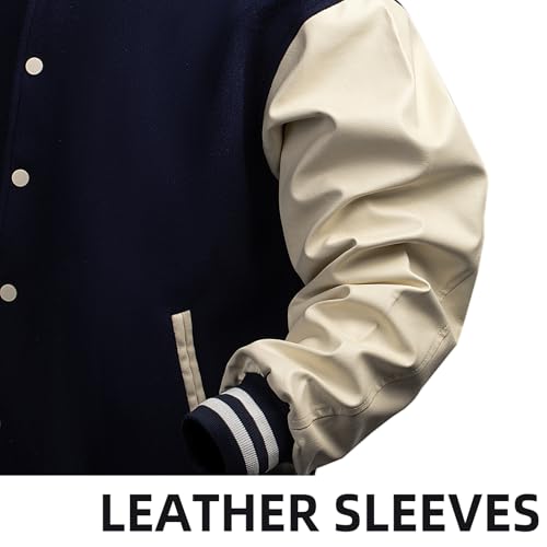 Men's Varsity Jacket Letterman Bomber Faux Leather Sleeve Casual