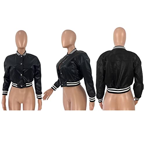 Women Cropped Bomber Jacket Varsity Button Down Baseball Coat Streetwear