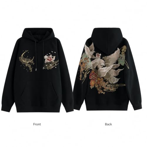 Men's Kitsune Embroidered Hoodie Japanese Streetwear Nine Tailed Fox