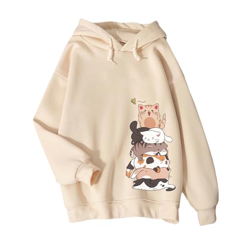 Tuislay Cute Cat Graphic Hoodies For Teens Kawaii Anime Print Hoodie Women Funny Cartoon Printed Hooded Sweatshirt Pullover