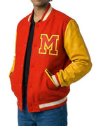 Red Wool Yellow Faux Leather Varsity Letterman Bomber Jacket