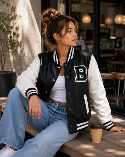 LOVE ME NOW Women’s Varsity Jacket | Long-Sleeve PU Vegan Leather