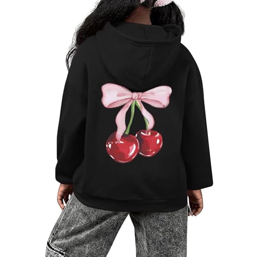 Tuislay Cute Cherry Hoodie For Girls Bow Graphic Hoodies Kids Long Sleeve Hooded Sweatshirt Preppy Coquette Clothes Pullover