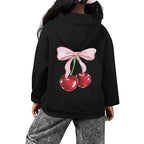 Tuislay Cute Cherry Hoodie For Girls Bow Graphic Hoodies Kids Long Sleeve Hooded Sweatshirt Preppy Coquette Clothes Pullover