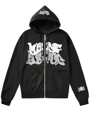 Unisex Y2K Graphic Zip Up Hoodie, Streetwear Sweatshirt for Women and Men
