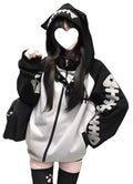 Cat Ear Zip Up Hoodie with Detachable Hood Harajuku Kawaii Fishbone Print