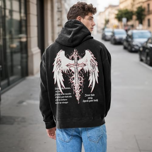 Vintage Streetwear Goth Hoodies for Men Grunge Punk Sweatshirt Gothic Cross Graphic Acid Wash Pullover Hoodie