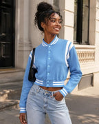 babyhealthy Women Cropped Varsity Jacket Retro Baseball Jacket Bomber Coat
