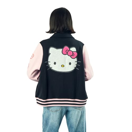 Bioworld Sanrio Hello Kitty Varsity Jacket Women's Embroidered Rainbow Patch Button Up