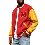 Varsity Letterman Bomber Jacket Red and Yellow PU Leather Sleeves