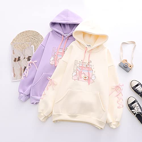 Kawaii Bunny Hoodie Teens Lolita Hooded Sweatshirt Casual Cute Lace Up Sleeve Cartoon Print Pullover Top (Purple)