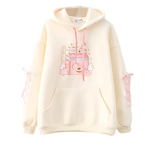 Kawaii Bunny Hoodie Teens Lolita Hooded Sweatshirt Casual Cute Lace Up Sleeve Cartoon Print Pullover Top (Beige)