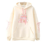 Kawaii Bunny Hoodie Teens Lolita Hooded Sweatshirt Casual Cute Lace Up Sleeve Cartoon Print Pullover Top (Beige)