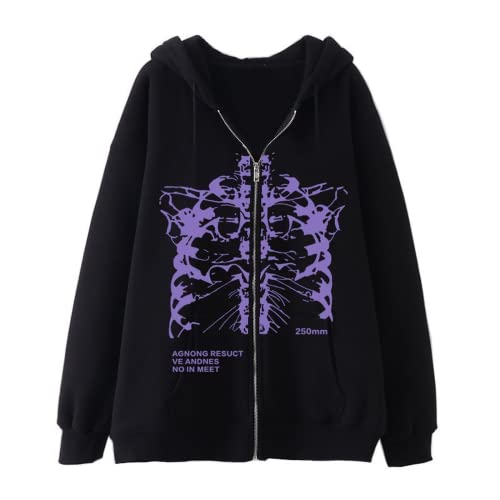 Men Women Y2K Skeleton Zip Up Hoodie Emo Gothic Oversized Grunge Alt Jacket Vintage Graphic Baggy Dark Academia Punk