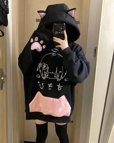 Women's Cute Anime Hoodies Kitten Ears Long Sleeve Hooded Sweatshirts Casual Oversized Y2k Fleece Pullover Tops