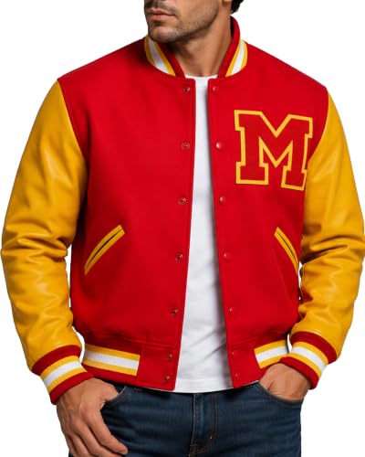 Varsity Jacket - Red Wool Yellow Leather Varsity Letterman Bomber Jacket