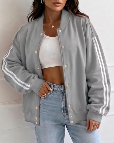 CHICME Women's Button Down Bomber Jackets Casual Long Sleeve Loose Jacket