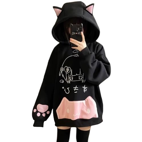 Women's Cute Anime Hoodies Kitten Ears Long Sleeve Hooded Sweatshirts Casual Oversized Y2k Fleece Pullover Tops