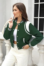 Women's Varsity Bomber Jacket Short Button Down with Pockets