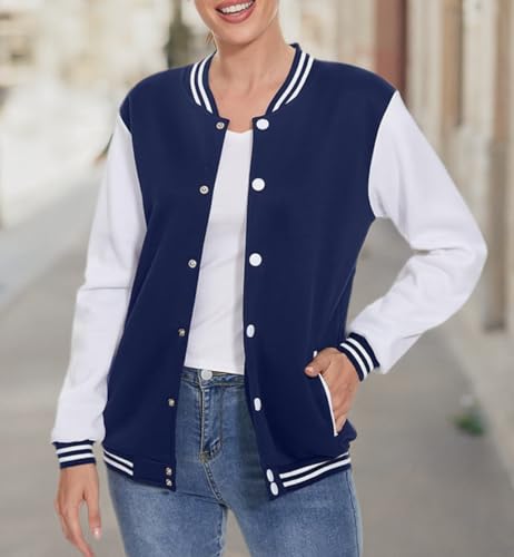 ACEFAST INC Women's Varsity Jacket Baseball Uniform Casual Long Sleeve Sport Bomber Jacket Coat