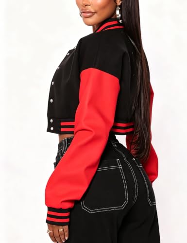 Xaspee Womens Cropped Varsity Jacket Color Block Baseball Jacket