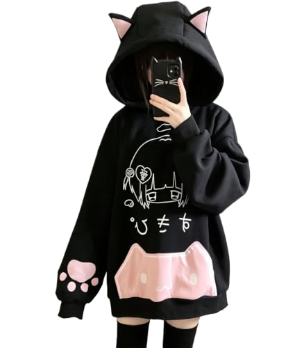 Women's Kawaii Cat Ear Hoodie Y2K Anime Paw Print Oversized Sweatshirt