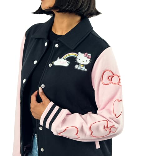 Bioworld Sanrio Hello Kitty Varsity Jacket Women's Embroidered Rainbow Patch Button Up
