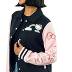 Bioworld Sanrio Hello Kitty Varsity Jacket Women's Embroidered Rainbow Patch Button Up