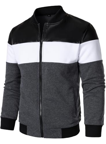 FANARCHER Mens Lightweight Bomber Jacket Casual Zipper Coat Color Block with Faux Leather Varsity Jacket